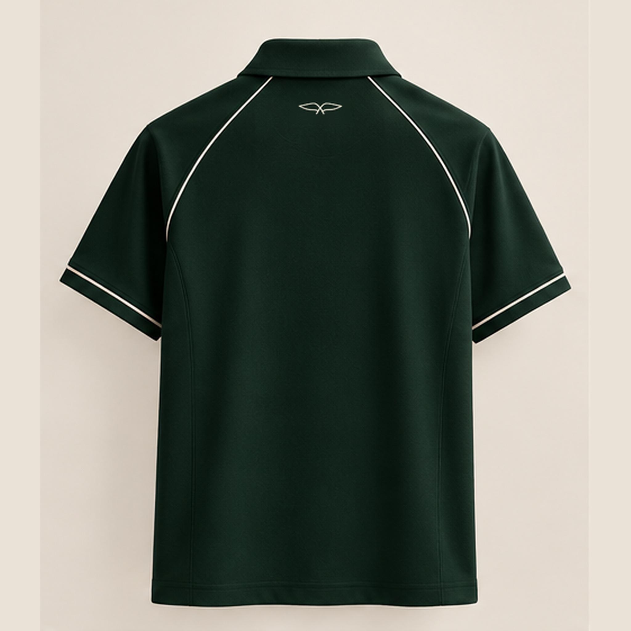 Back of the Heritage Green polo, with cream piping and a small wing emblem at the neck.
