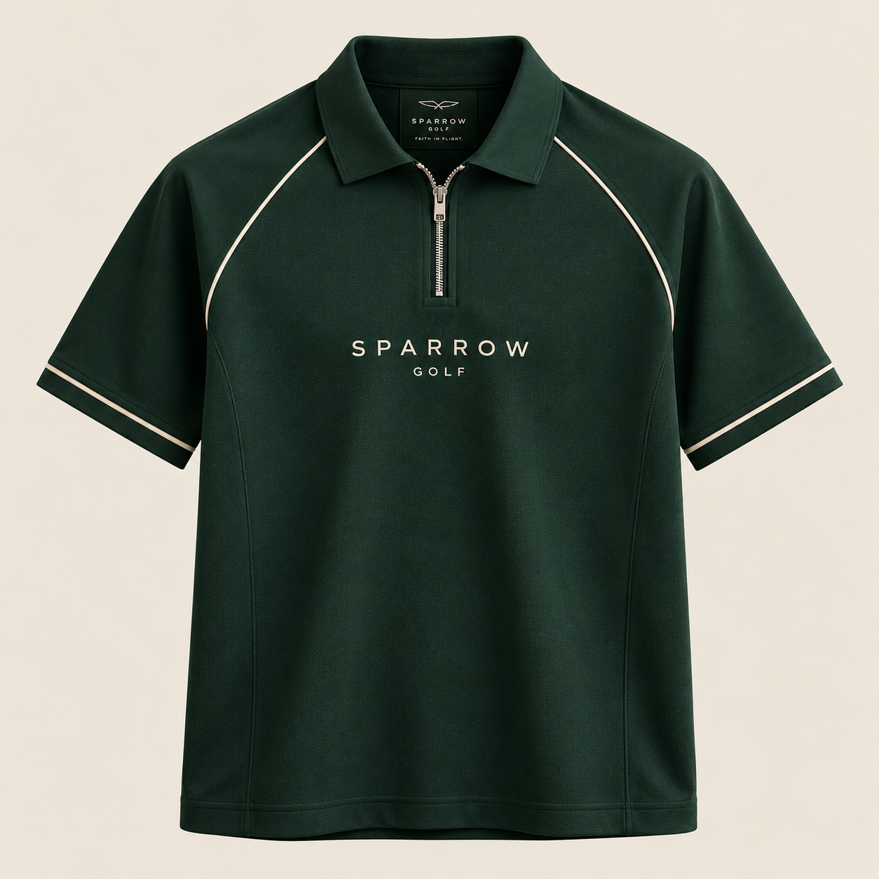 Heritage Green Performance Zip Polo, front view, with cream piping and the Sparrow Golf chest wordmark.